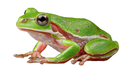 Fototapeta premium Spring frog isolated on transparent background, fresh morning light, vivid green skin with smooth details