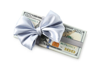 Money bonus. Dollar banknotes with bow isolated on white, top view