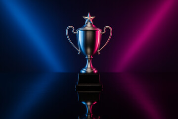Silver trophy cup with star and colorful lights reflection, symbol of achievement and victory