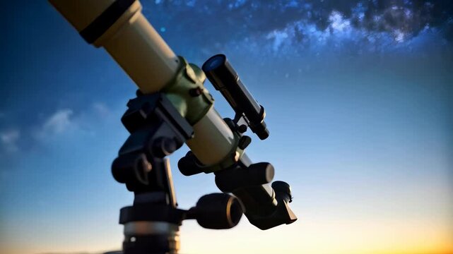 Refractor telescope on tripod pointing at star filled night sky above distant mountains at dusk for astronomy concept
