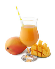 Tasty mango juice in glass and fresh fruits isolated on white