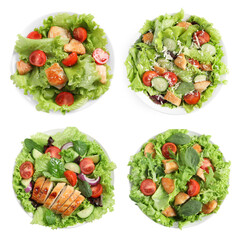 Tasty fresh salads with meat on white background, set. Top view