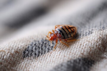 Bed Bug Infestation Macro Photo: Close-up of Adult Bedbug on Fabric Surface, Pest Control Concept, Brown Tones