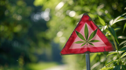 Close-up of red warning sign with cannabis leaf symbol, caution alert for marijuana and drug awareness, substance abuse prevention concept.