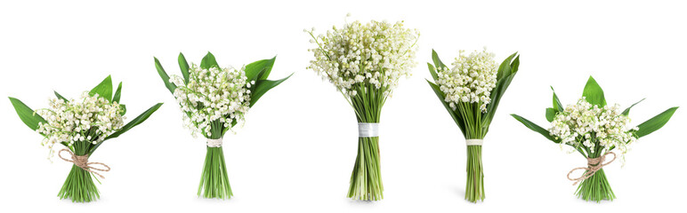 Aromatic bouquets of lily of the valley flowers isolated on white, collage
