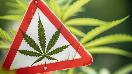 Close-up of red warning sign with cannabis leaf symbol, caution alert for marijuana and drug awareness, substance abuse prevention concept.