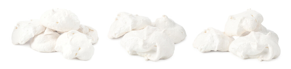 Yummy meringue cookies isolated on white, collage