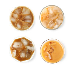 Refreshing iced coffee in different glasses isolated on white, set. Top view