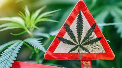 Close-up of red warning sign with cannabis leaf symbol, caution alert for marijuana and drug awareness, substance abuse prevention concept.