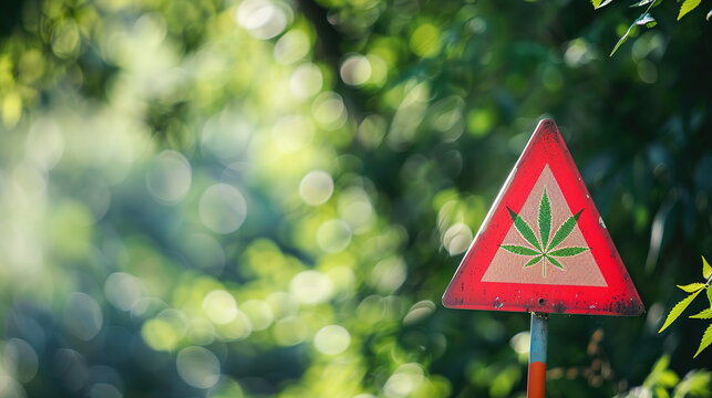 Close-up of red warning sign with cannabis leaf symbol, caution alert for marijuana and drug awareness, substance abuse prevention concept.