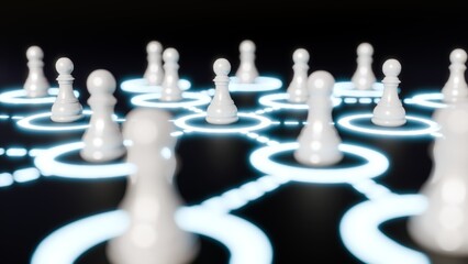 A 3d rendering of luminous web of glowing lines emanating from each blue-white circled the white pawn, emphasizing themes of strategic connection and interdependence.