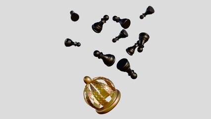 A 3d rendering of black chess pawn and an intricately detailed gold crown. A theme of promotion or ultimate achievement in chess.