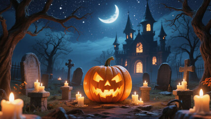 A glowing jack-o'-lantern with a mischievous carved face sits at the center of a spooky graveyard under a starry night sky. Halloween, Halloween Costumes, Halloween Background, Happy Halloween