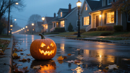 Fototapeta premium A glowing jack-o'-lantern with a mischievous, carved face sits on a wet, reflective suburban street at dusk. Halloween, Halloween Costumes, Halloween Background, Happy Halloween