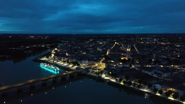 Night over Libourne from a drone, Gironde, Nouvelle-Aquitaine, Saint-&Eacute;milion and Pomerol, Southwestern France, Europe