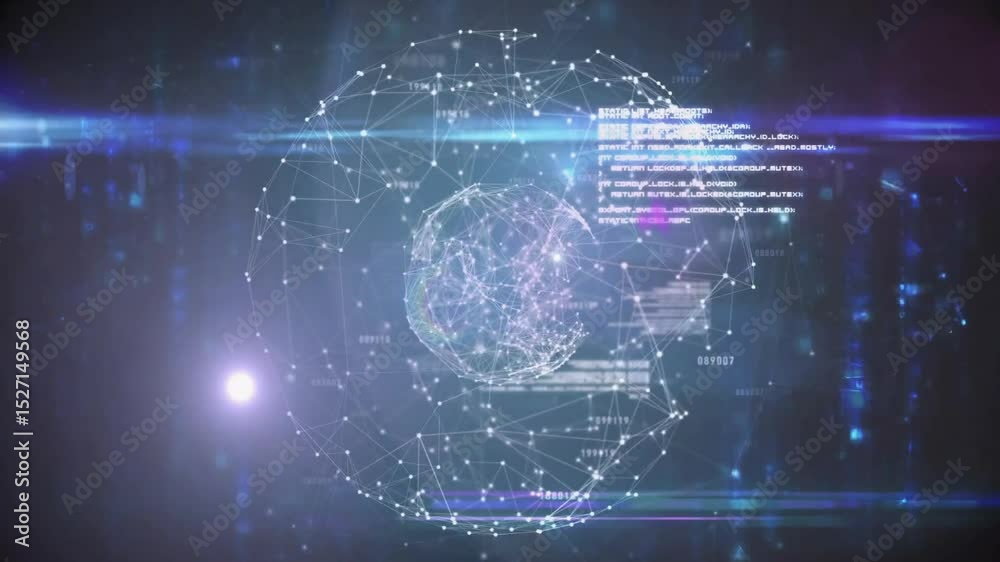 Poster faint digital wireframe globe appearing forming data network with nodes connecting and text gliding
