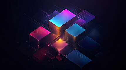 Abstract geometric shapes in vibrant neon colors, overlapping and interconnecting on a dark background