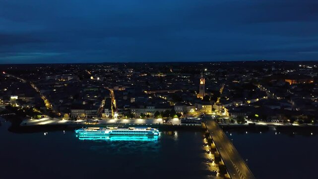 Night over Libourne from a drone, Gironde, Nouvelle-Aquitaine, Saint-&Eacute;milion and Pomerol, Southwestern France, Europe