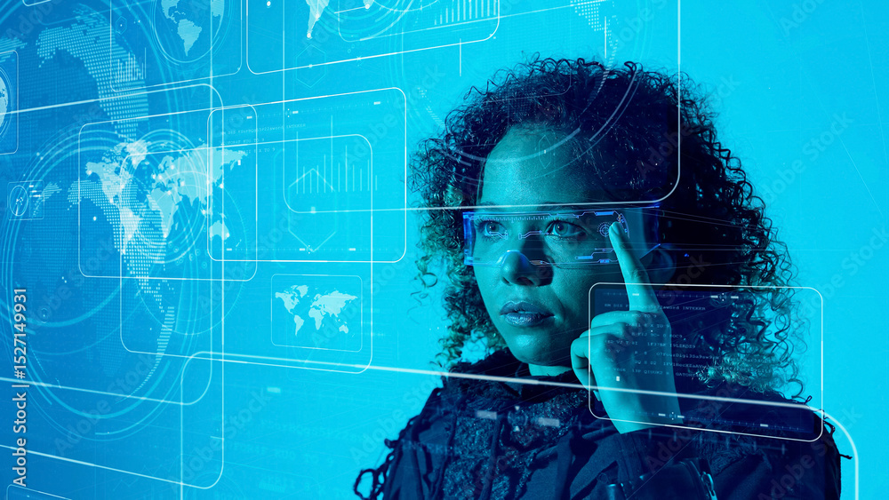Poster conceptual visual of a foreign woman looking at a stereoscopic screen with smart glasses