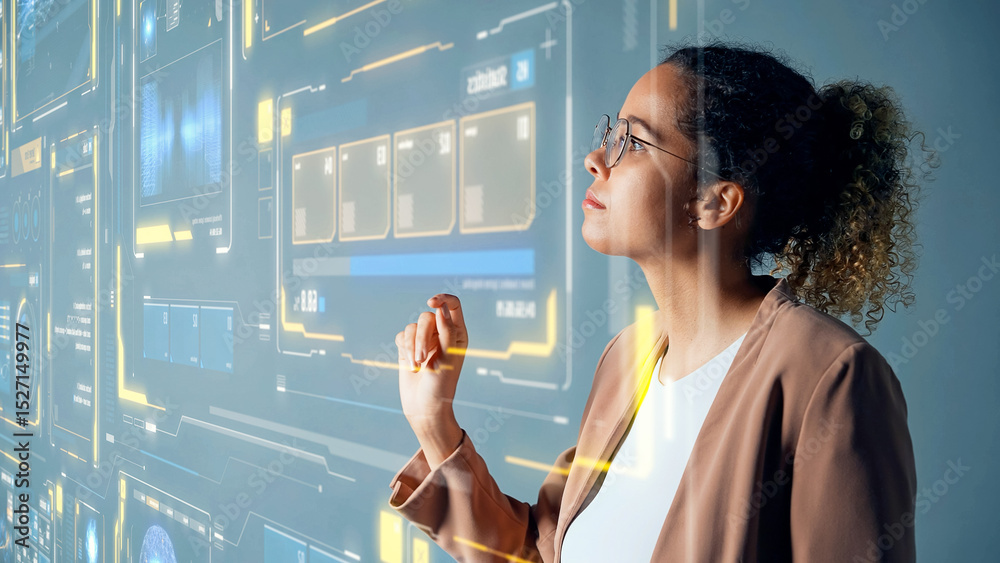 Aufkleber conceptual visual of a black woman operating a futuristic interface