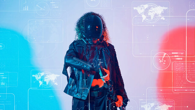 Conceptual visual of a woman wearing a helmet and digital data