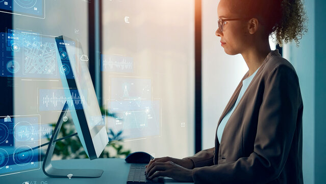 Conceptual visual of a communication network with a foreign woman working in an office