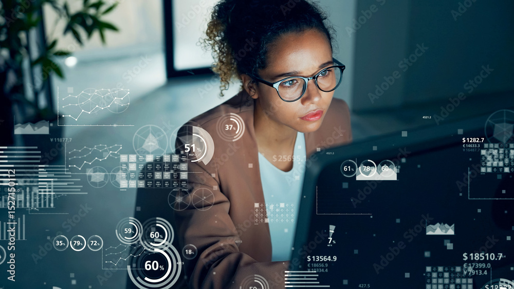 Poster conceptual visual of data analysis with black woman working in the office