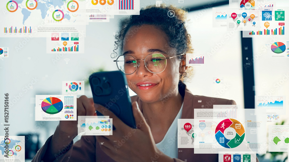 Poster Conceptual visual of a black woman using a smartphone and business data