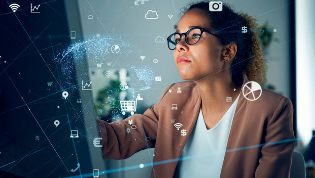 Conceptual visual of a communication network with a black woman working in an office