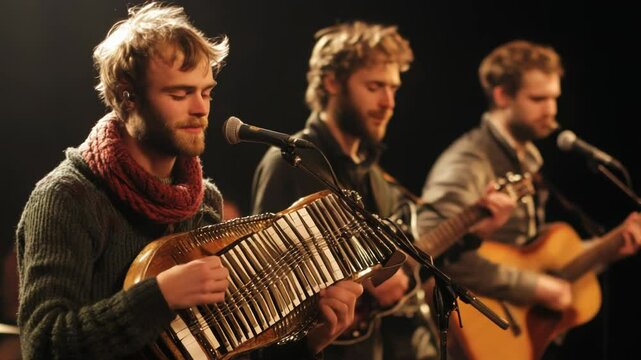 Three musicians perform on stage, showcasing their talent with unique instruments and heartfelt melodies, creating an engaging atmosphere for the audience.