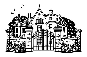 A black and white woodcut-style illustration of a large, imposing mansion or castle with turrets and a grand iron gate.