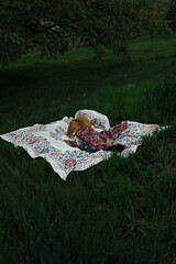 Woman lying peacefully on a traditional carpet spread over lush green grass, blending comfort,...