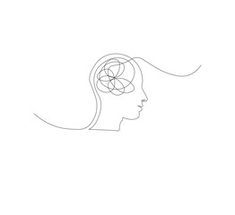 Continuous line drawing of a person with confused feelings about poor mental health. Concept of problems, failures and sadness. Vector illustration