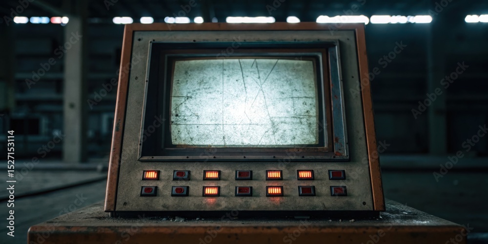 Poster Retro Monitor in Abandoned Power Station with Glowing Controls