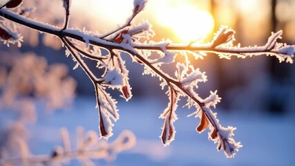 Frozen tree branch with delicate frost crystals gleaming in the winter sunlight, detailed botanical nature scene against a blue background - Powered by Adobe