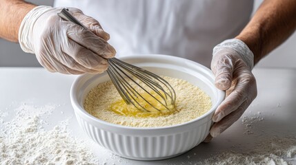  A white bowl holds melted butter and sugar as a gloved hand whisks gently. The man’s forearm rests nearby, lit by soft daylight on a clean white surface.  