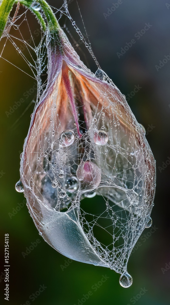Wall mural a captivating close up view of a spider web adorned with shimmering dew droplets showcasing the intr