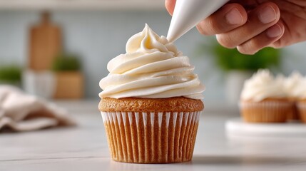 Delicate frosting in progress on a cupcake, guided by a piping bag held in white gloves. The clean backdrop and soft lighting enhance the moment. 