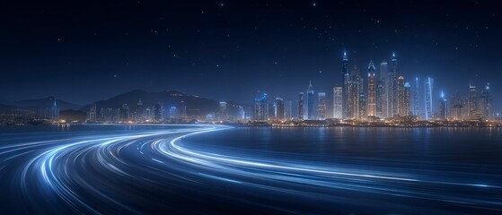 Night Cityscape  Modern Skyline  Light Trails  Waterfront