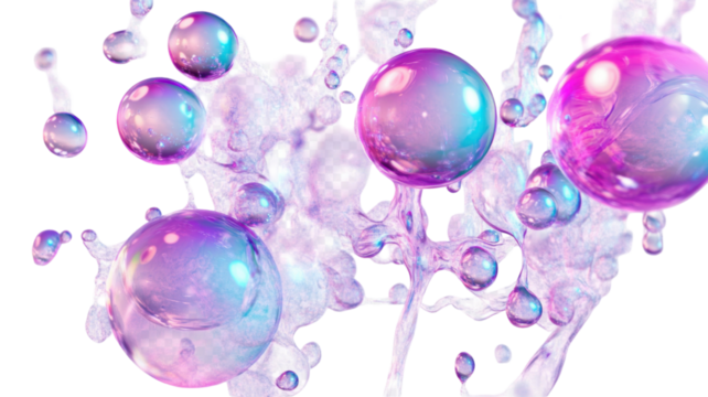 Abstract pink, blue, and purple fluid drops with glossy texture and dynamic shapes isolated on white background
