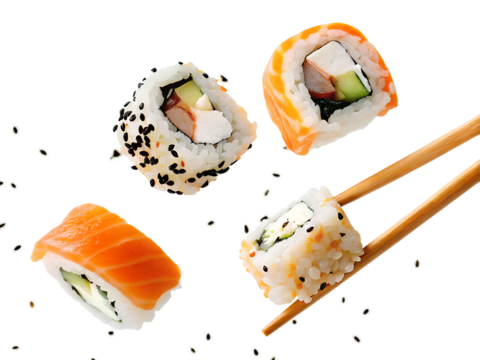 Chopsticks holding sushi flying in the air isolated on a transparent background