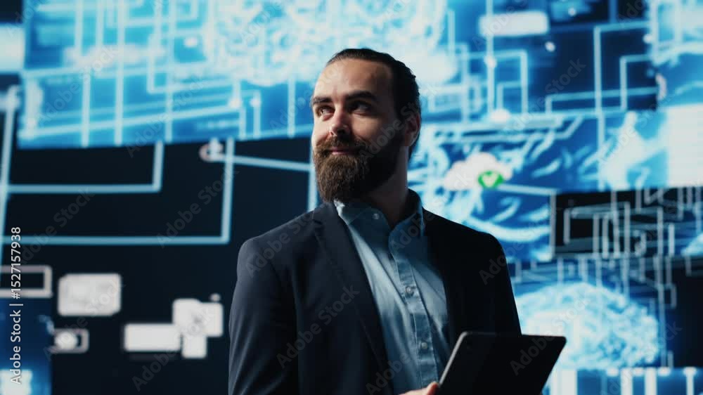 Poster entrepreneur uses laptop to review artificial intelligence brain system on dashboard, using high tec