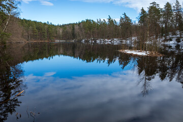Barsjön lake with reflections of pine forest and a small snowy island under a blue sky in Vedema, Hässleholm, Sweden