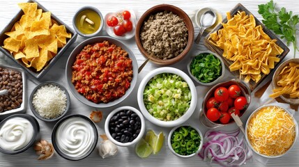 a taco bar setup with various fillings