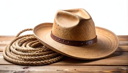 A classic cowboy hat and rope on wood background. Hat features a stylish band, suggesting a Western theme