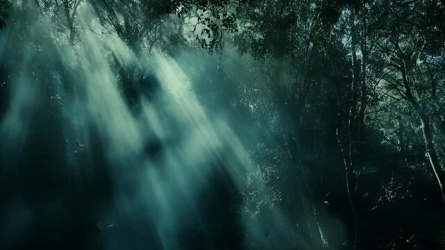 Dark Teal Forest with Sunlight Beams