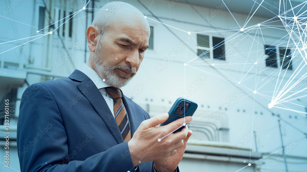 Poster conceptual visual of a middle-aged caucasian man looking at a smartphone and a communication network