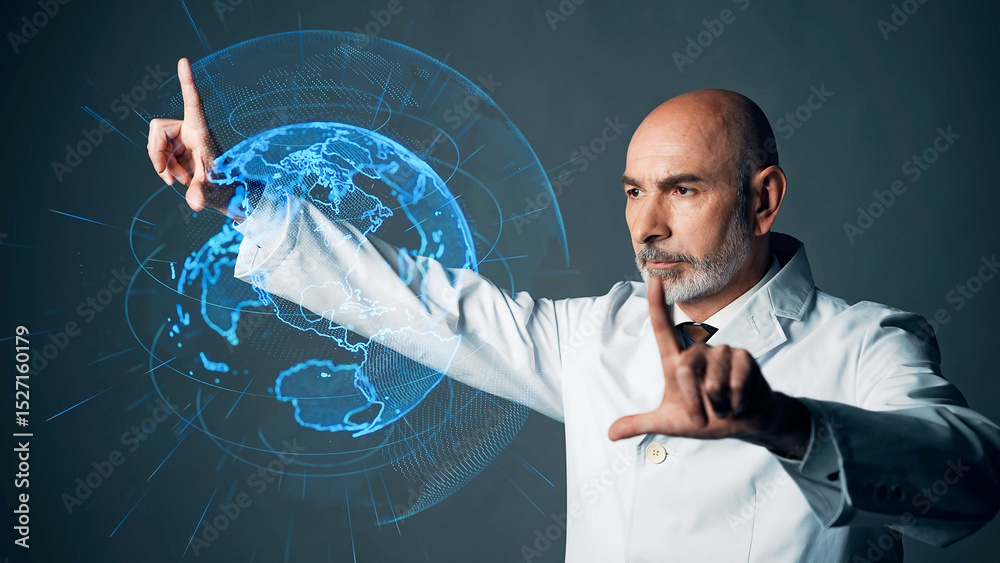 Poster conceptual visual of a middle-aged caucasian man in a white coat looking at a hologram image of the 