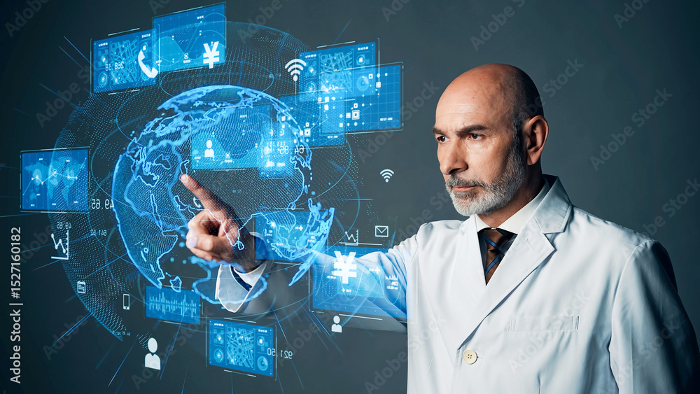 Poster conceptual visual of a middle-aged caucasian man in a white coat looking at a hologram image of the 