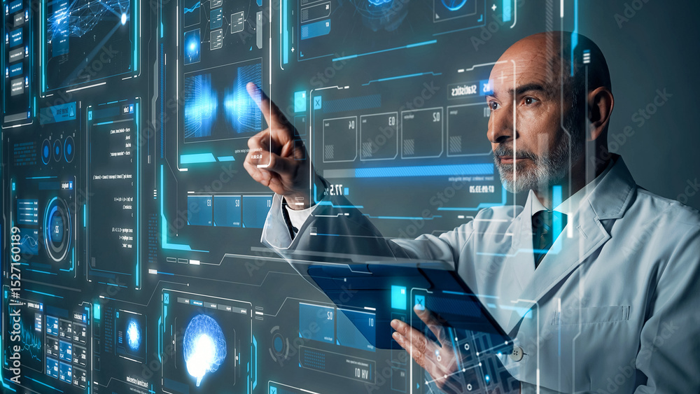 Poster Conceptual visual of a middle-aged Caucasian man in a white coat operating a futuristic interface screen